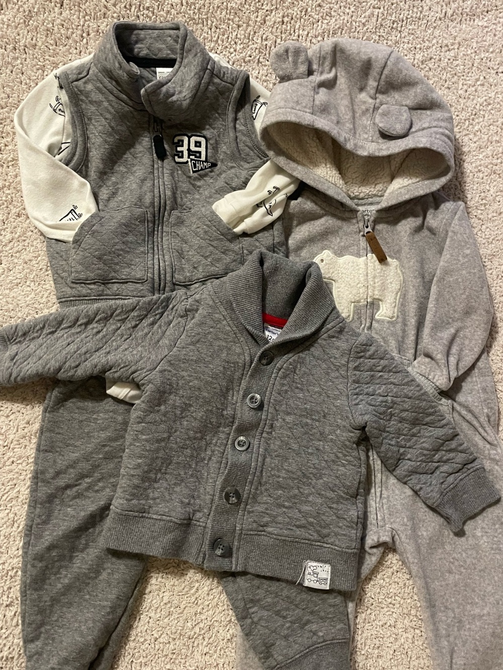 Matching 12M gray quilted outfit bundle + fleece bunting Sherpa Bear Ears